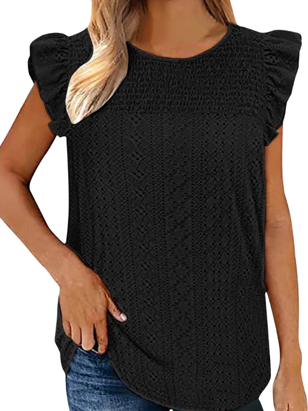 NWT Black Lace-Pattern Flutter Sleeve Blouse